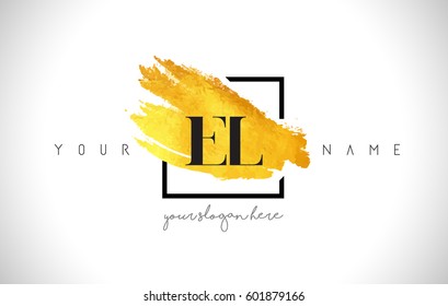 EL Golden Letter Logo Design with Creative Gold Brush Stroke and Black Frame.