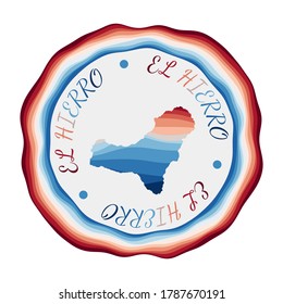 El Hierro badge. Map of the island with beautiful geometric waves and vibrant red blue frame. Vivid round El Hierro logo. Vector illustration.