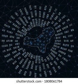El Hierro digital map with binary rays radiating around a glowing island, depicting internet connections and data exchange in a futuristic design.