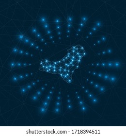El Hierro digital map. Glowing rays radiating from the island. Network connections and telecommunication design. Vector illustration.