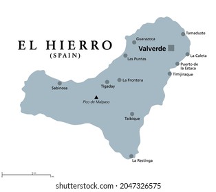 El Hierro island, gray political map, with capital Valverde. Nicknamed Meridian Island, part of Canary Islands. Archipelago and autonomous community of Spain in Atlantic Ocean off the coast of Africa.