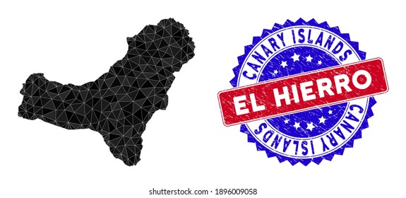 El Hierro Island map polygonal mesh with filled triangles, and distress bicolor stamp imitation. Triangle mosaic El Hierro Island map with mesh vector model, triangles have different sizes,
