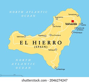 El Hierro island, political map, with capital Valverde. Nicknamed Meridian Island, part of Canary Islands, an archipelago and autonomous community of Spain, in Atlantic Ocean, off the coast of Africa.