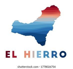 El Hierro map. Map of the island with beautiful geometric waves in red blue colors. Vivid El Hierro shape. Vector illustration.