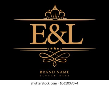 E&L Initial logo, Ampersand initial logo gold with crown and classic pattern