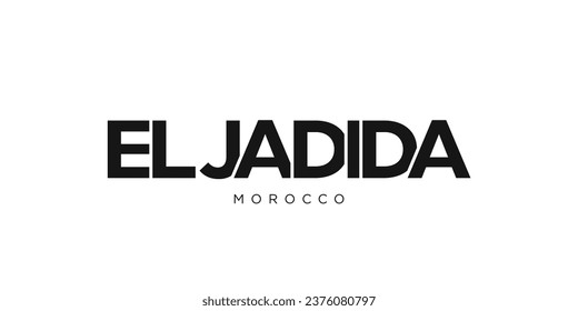 El Jadida en Marruecos emblema para la prensa y la web. El diseño presenta estilo geométrico, ilustración vectorial con tipografía audaz en fuente moderna. Letras gráficas de eslóganes aisladas en fondo blanco.