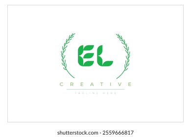 EL letters eco logo with leaf. Fresh nature and healthy leaf logo design.