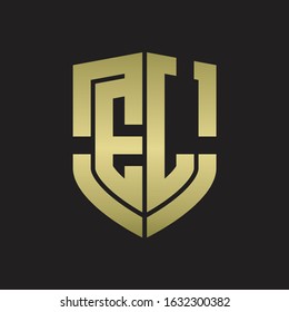 EL Logo monogram with emblem shield shape design isolated gold colors on black background