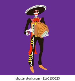 El mariachi skeleton musician. Сharacter with accordion isolated. Dia de los muertos or halloween vector illustration. Element for card, poster, or product for holiday.