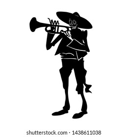 El mariachi skeleton musician. Dia de los muertos trumpeter character. Black and white isolated silhouette with contour. Vector illustration for halloween.