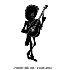 El mariachi skeleton musician. Dia de los muertos guitarist character. Black and white isolated silhouette with contour. Vector illustration for halloween.