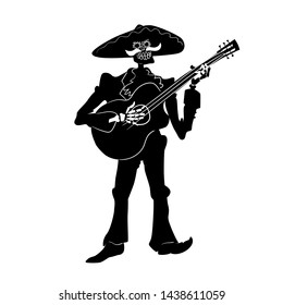 El mariachi skeleton musician. Dia de los muertos guitarist character. Black and white isolated silhouette with contour. Vector illustration for halloween.