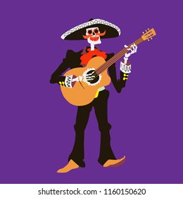 El mariachi skeleton musician. Guitarist character isolated. Dia de los muertos or halloween vector illustration. Element for card, poster, or product for holiday.