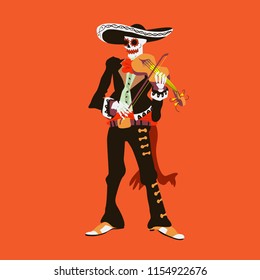 El mariachi skeleton musician. Violinist character isolated on red background. Dia de los muertos vector illustration.