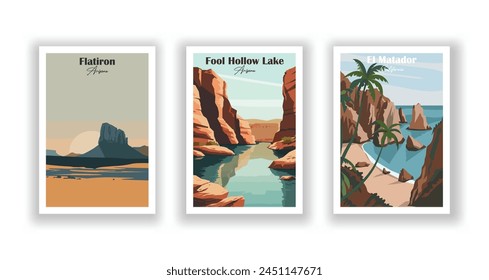 El Matador, California, Flatiron, Arizona, Fool Hollow Lake, Arizona - Vintage travel poster. Vector illustration. High quality prints