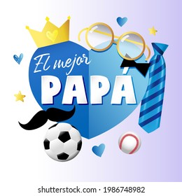 El mejor Papa - Best Dad in the world Spanish lettering banner with blue paper heart elements, tie, mustache and crown. Spain Fathers day vector greeting illustration - text, crown, necktie, moustache