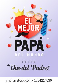 El Mejor Papa del mundo, Feliz dia del padre spanish lettering, translate: Best Dad in the world, Happy fathers day. Father day vector illustration with text, red heart, glasses, crown & blue necktie