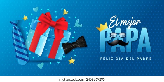 El mejor Papa, feliz Dia del Padre spanish concept with 3d gift box. Translation - Best Dad ever, Happy Fathers Day. Vector illustration