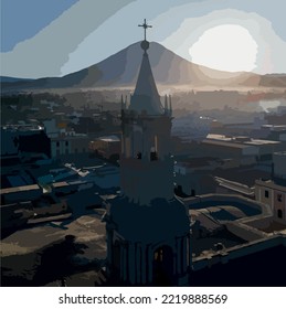 El Misti volcano overlooks the city of Arequipa in southern Peru. Arequipa is the second most populated city in the country. Arequipa is located in the Andes mountains.