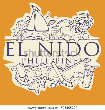 El Nido, Philippines beach hand drawn sign with text and various summer holiday objects, vector illustration 