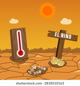El Nino drought and climate change concept. Dry cracked desert landscape with hot sun, high thermometer, wooden sign and dead fish bones. Extreme heat, climate crisis and global warming impact.