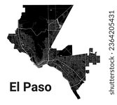 El Paso city map, United States. Municipal administrative borders, black and white area map with rivers and roads, parks and railways. Vector illustration.