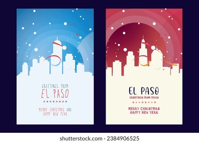 El Paso city poster with Christmas skyline, cityscape, landmarks. Winter USA holiday, New Year vertical vector layout for Texas state brochure, website, flyer, leaflet, card