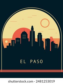 El Paso city retro style poster with skyline, cityscape. USA Texas state vintage vector illustration. US front cover, brochure, flyer, leaflet template, layout image