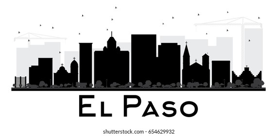 El Paso City skyline black and white silhouette. Simple flat concept for tourism presentation, banner, placard or web site. Cityscape with landmarks. Vector illustration.