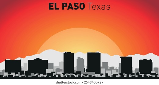 El Paso city skyline with silhouettes of buildings against the backdrop of a large yellow sun and orange sky. Vector on the background of sunset