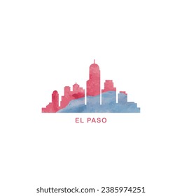 El Paso city US watercolor cityscape skyline panorama vector flat modern logo icon. USA, Texas state of America emblem with landmarks and building silhouettes. Isolated red and blue graphic