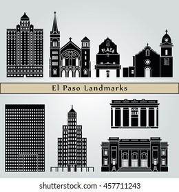 El Paso landmarks and monuments isolated on blue background in editable vector file