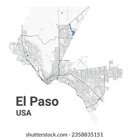 El Paso Karte, amerikanische Stadt. Stadtplan mit Flüssen und Straßen, Parks und Eisenbahnen. Vektorgrafik.