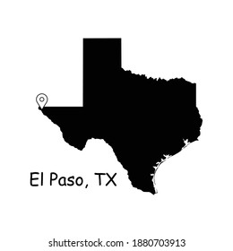 El Paso on Texas State Map. Detailed TX State Map with Location Pin on El Paso City. Black silhouette vector map isolated on white background.