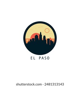 El Paso skyline, downtown panorama logo, logotype. USA, Texas state round badge contour, isolated vector vintage pictogram with monuments, landmarks