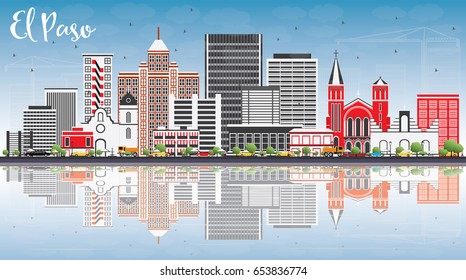 El Paso Skyline with Gray Buildings, Blue Sky and Reflections. Vector Illustration. Business Travel and Tourism Concept with Modern Architecture. Image for Presentation Banner Placard and Web Site.