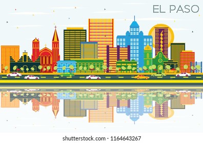 El Paso Texas City Skyline with Color Buildings, Blue Sky and Reflections. Vector Illustration. Business Travel and Tourism Concept with Modern Architecture. El Paso Cityscape with Landmarks.