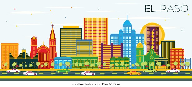 El Paso Texas City Skyline with Color Buildings and Blue Sky. Vector Illustration. Business Travel and Tourism Concept with Modern Architecture. El Paso Cityscape with Landmarks.