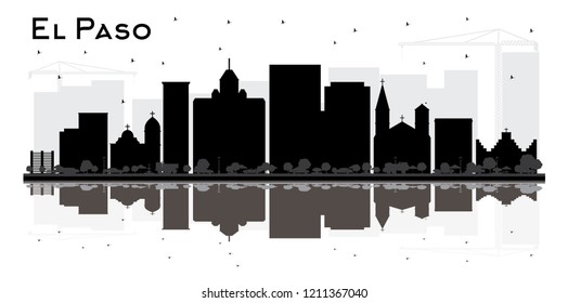 El Paso Texas City Skyline Silhouette with Bl;ack Buildings and Reflections. Vector Illustration. Business Travel and Tourism Concept with Modern Architecture. El Paso Cityscape with Landmarks.