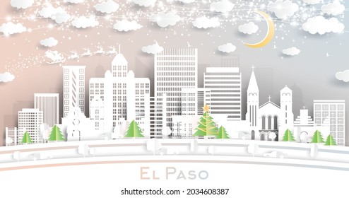 El Paso Texas City Skyline in Paper Cut Style with Snowflakes, Moon and Neon Garland. Vector Illustration. Christmas and New Year Concept. Santa Claus on Sleigh. El Paso USA Cityscape.