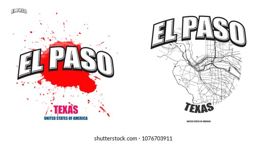 El Paso, Texas, logo design. Two in one vector arts. Big logo with vintage letters with nice colored background and one-color-version with map for every possible print production.