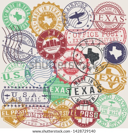El Paso Texas. Set of Stamps. Travel Stamp. Made In Product. Design Seals Old Style Insignia.