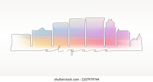 El Paso, TX, USA Skyline Watercolor City Illustration. Famous Buildings Silhouette Hand Drawn Doodle Art. Vector Landmark Sketch Drawing.