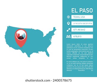 El Paso USA map shape vector infographics template. Modern United States of America, Texas state city data statistic illustration, graphic, layout