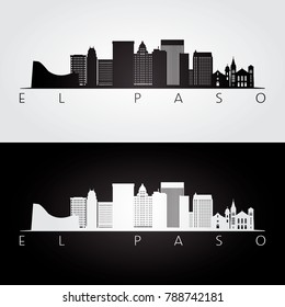 El Paso usa skyline and landmarks silhouette, black and white design, vector illustration.