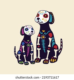 El Perro, Day of Dead, Dia de los muertos, flat vector illustrations set. Mexican skull piñata, skeletons isolated cliparts, holiday stickers, dog skeleton