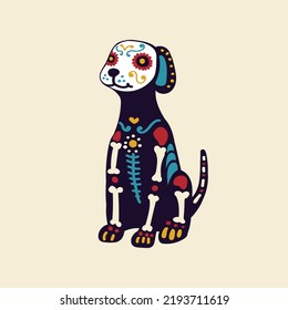 El Perro, Day of Dead, Dia de los muertos, flat vector illustrations set. Mexican skull piñata, skeletons isolated cliparts, holiday stickers, dog skeleton