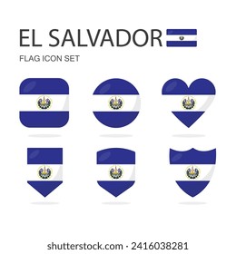 El Salvador 3d flag icons of 6 shapes all isolated on white background.