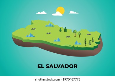 El Salvador 3d isometric map with topographic details mountains, trees and soil vector illustration design