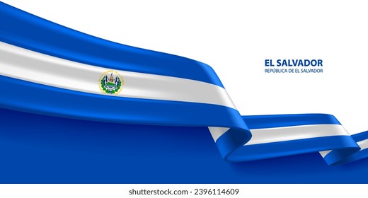 El Salvador 3D ribbon flag. Bent waving 3D flag in colors of the El Salvador national flag. National flag background design.